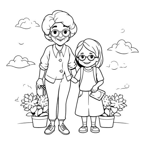 Premium Vector Grandmother And Granddaughter With Flowers Cartoons In