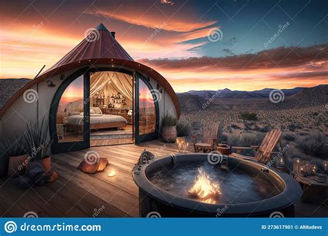 Glamping Retreat with Outdoor Hot Tub and Mountain Views Stock Illustration - Illustration of ...