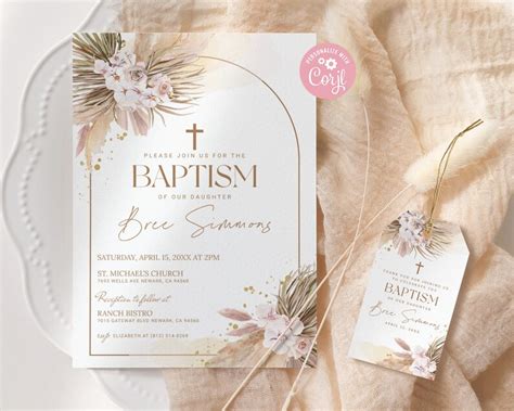 Boho Pampas Baptism Invitation Editable Bohemian Christening Etsy