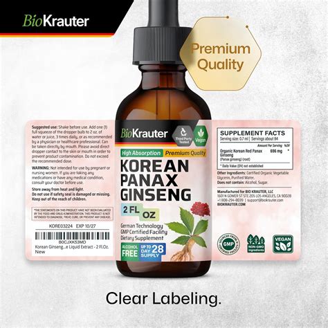 Bio Krauter Panax Gotas Líquidas De Ginseng Extracto De Ginseng Coreano Sin Alcohol Tintura De