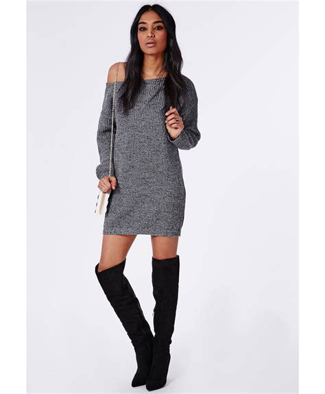 Ayvan Off Shoulder Knitted Jumper Dress Grey Marl Knitwear