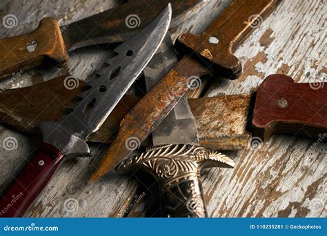 Set of Old Hunting Handmade Knives Stock Image - Image of hunting ...