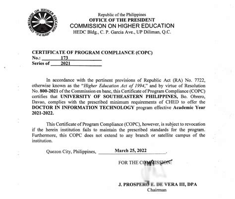 Cic Now 100 Compliant With Ched Copc Requirement College Of