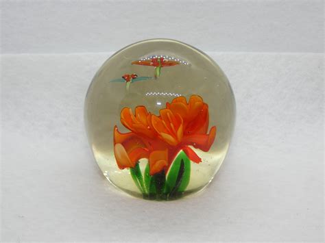 Vintage Glass Paperweight Orange Flower Little Dragon Flies Etsy