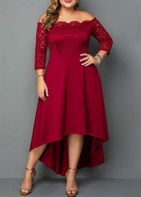 Off The Shoulder Lace Panel Plus Size High Low Dress