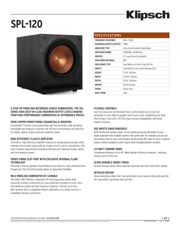 Klipsch SPL-120 Subwoofer Spec Sheet | Manualzz