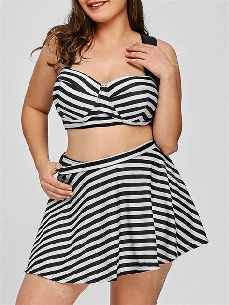 Off Plus Size Striped Bikini Set With Skirt Rosegal