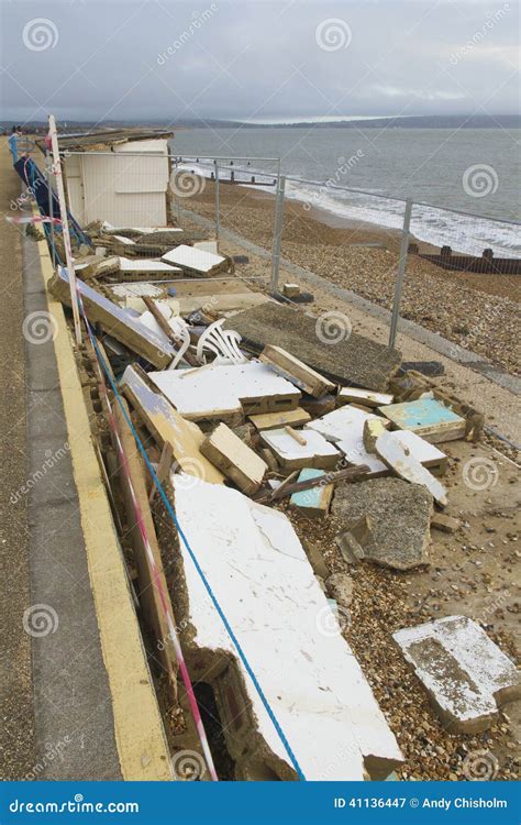 February Storm Damage Concrete Beach Huts Damaged Milf Stock Image Image Of United