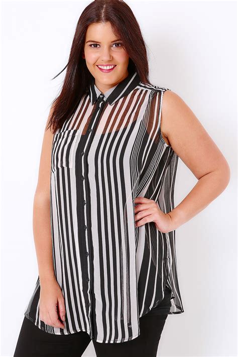 Black And White Striped Sleeveless Sheer Shirt With Side Slits Plus Size