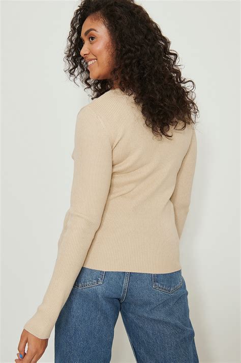 V Detail Light Rib Knitted Sweater Beige Na