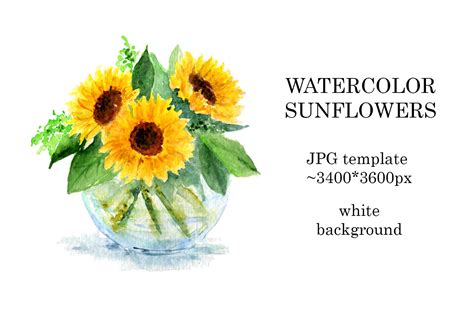 Watercolor sunflowers painting in high resolution By JaneFoxikArt | TheHungryJPEG