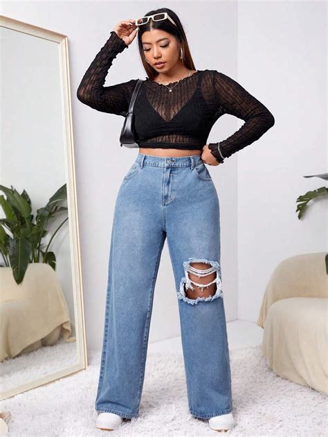 Shein Ezwear Plus Jean Ample D Chir Mode En Ligne Shein France