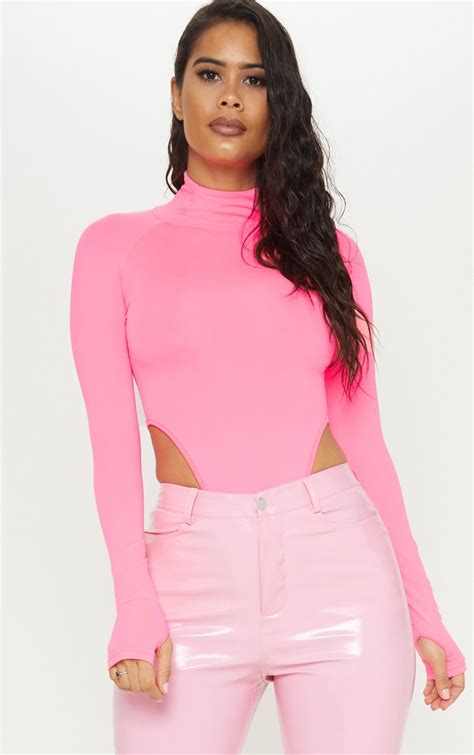 Neon Pink Slinky Bodysuit Tops Prettylittlething