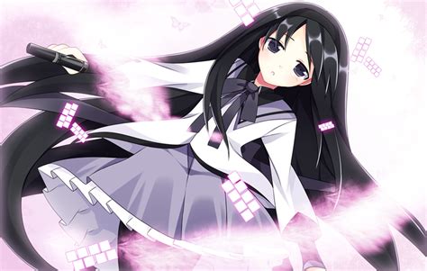 Safebooru 1girl Akemi Homura Black Hair Cowboy Shot Dutch Angle Gun Hairband Handgun Long Hair