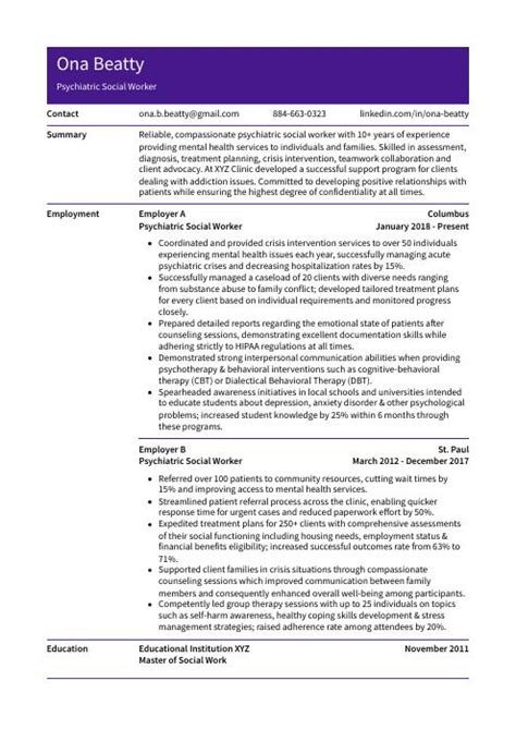 Psychiatric Social Worker Resume (CV) Example and Writing Guide