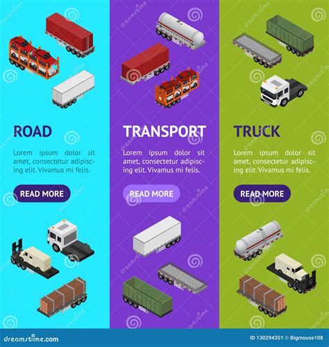 Different Types Trailers 3d Banner Vecrtical Set Isometric View. Vector
