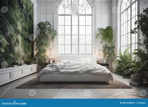 Cozy Bright Bedroom With Indoor Plants Stock Illustration