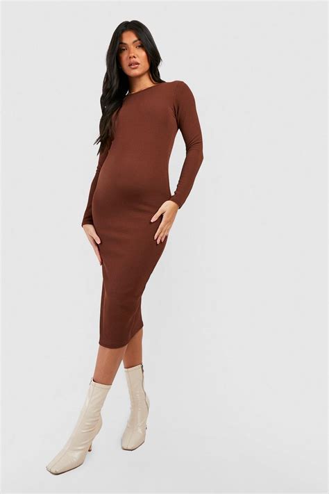 Maternity Crinkle Rib Bodycon Midi Dress Boohoo Uk