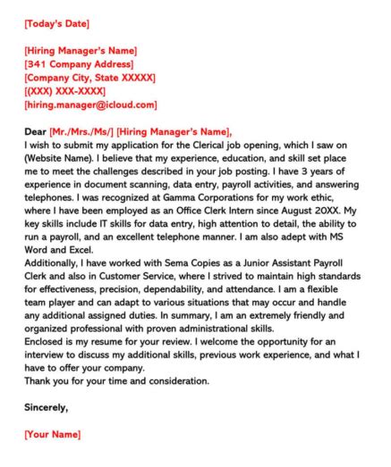 Clerical Cover Letter Examples Free Templates