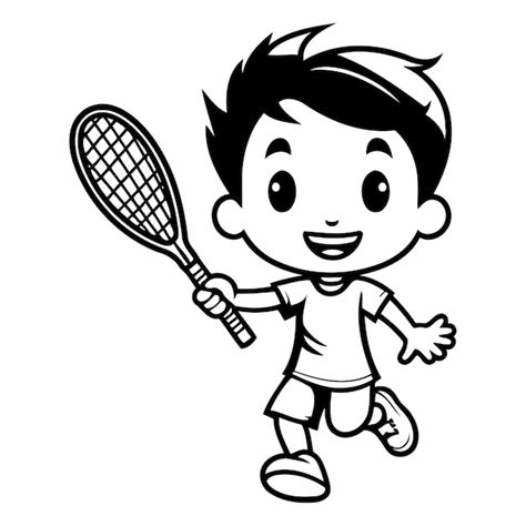 Premium Vector | Boy playing badminton Black and White Cartoon ...