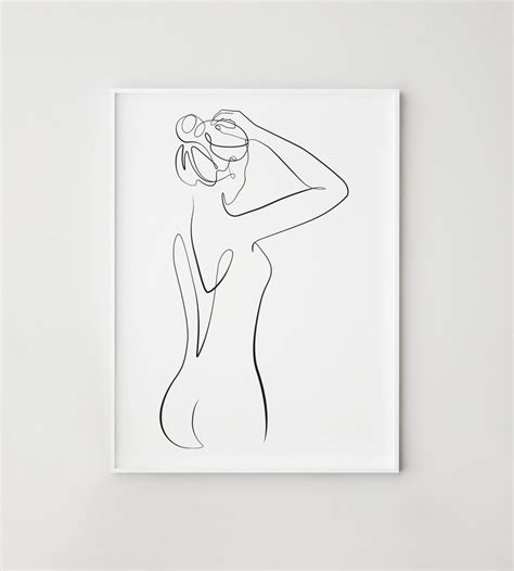Bathroom Wall Art One Line Drawing Print Nude Woman Line Art Female Figure Print Minimalist