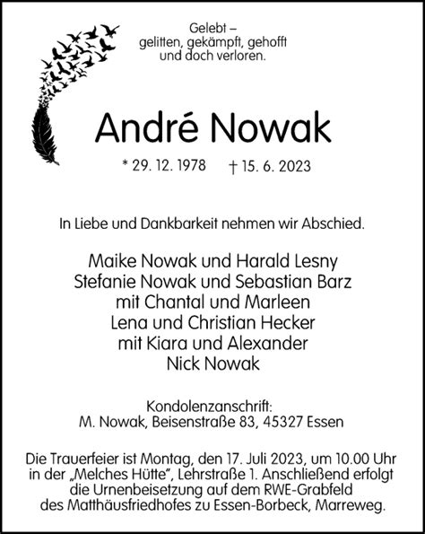 Traueranzeigen Von Andre Nowak Trauer In Nrw De