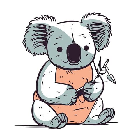 Um bonito koala de desenho animado sentado no chão e segurando um ramo