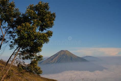 Mount Sindoro Seen From The Slopes Of Mount Sumbing Stock Photo Image