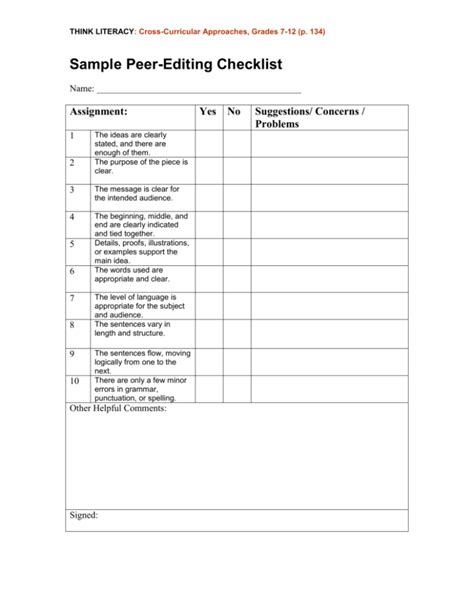 Sample Peer Editing Checklist