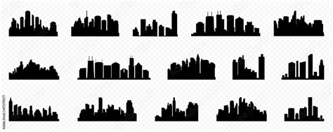 Set of black city skyline. Town skyline landscape. City panorama ...