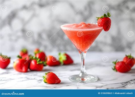 A Glass Of Strawberry Daiquiri Cocktail And Fresh Strawberries On The