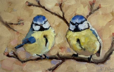 Peinture à l huile 20 50x12 cm Couple d oiseaux Léonie France