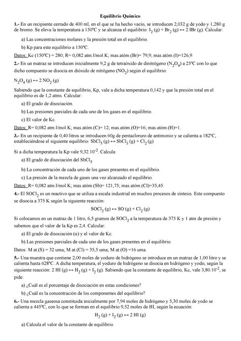 Ejercicios Equilibrio Qu Mico Equilibrio Qu Mico En Un Recipiente