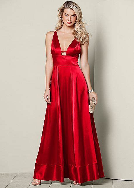 Plunging V Neck Long Dress High Heel Strappy Sandal Long Dress Venus Dresses Red Prom Dress