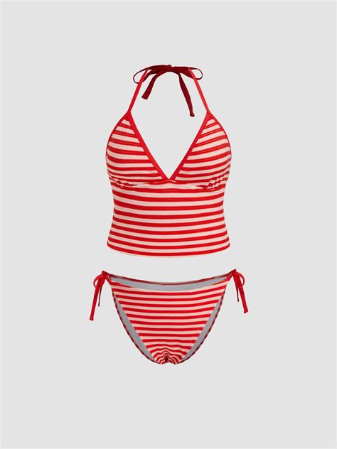 Terry V Neck Stripe Knotted Halter Tie Side Tankini Bikini Set Curve