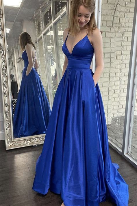 Hellymoon Women A Line Royal Blue Satin Prom Dress With Pockets