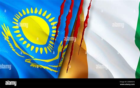 Kazakhstan And Cote D Ivoire Flags With Scar Concept Waving Flag D