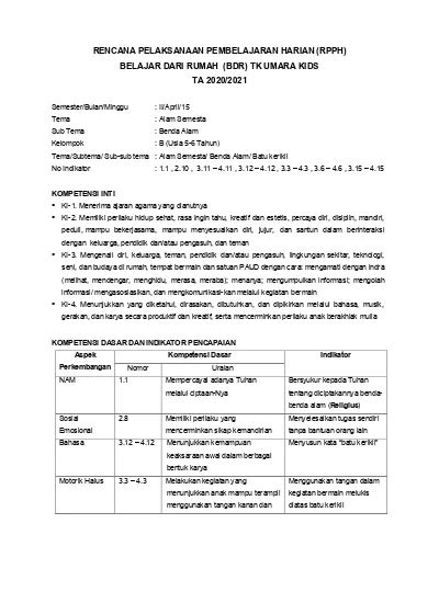 RENCANA PELAKSANAAN PEMBELAJARAN HARIAN RPPH BELAJAR DARI RUMAH BDR
