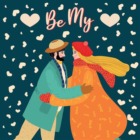 Flat Hand Drawn Valentines Day Greeting Card Loving Couple Of Young