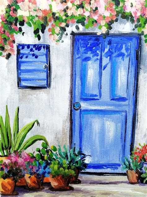 Santorini Painting Greece Original Art Greek Blue Door Oil Painting