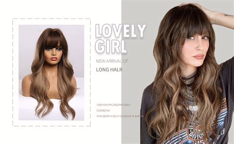 Amazon BOGSEA Wig With Bangs Ombre Dark Blonde Long Wavy Wigs For