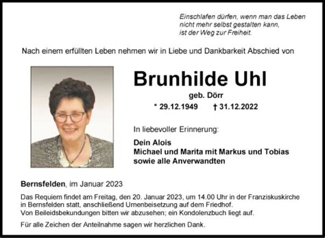 Traueranzeigen Von Brunhilde Uhl Trauerportal Ihrer Tageszeitung