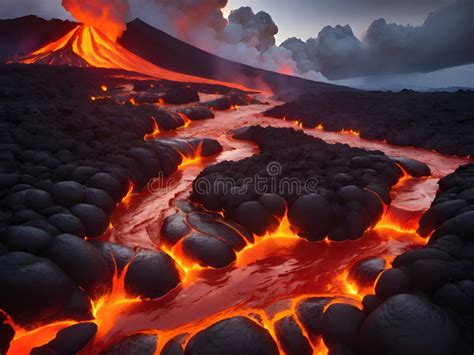 Volcanic Eruption with Lava Flow and Fire in the Volcano Crater Stock ...