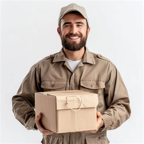 Premium Photo Smiling Delivery Man Holding A Box Isolated On White