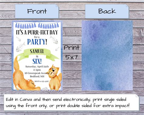 Editable Kitten Birthday Party Invitation Purr Fect Day Adopt A Kitten Cat Blue Boy