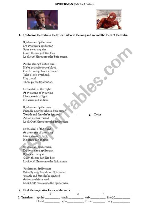 song Spiderman Michael Bublè ESL worksheet by oppilif