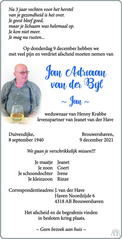 Jan Adriaan Van Der Bijl Overlijdensbericht En Condoleances