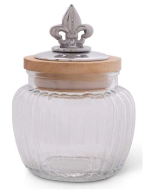 Fleur De Lis Aluminum Serveware Small Glass Canister Metal Lid By