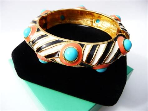 Kenneth Jay Lane Zebra Stripe Clamper Bracelet Cuff Turquoise Cabs