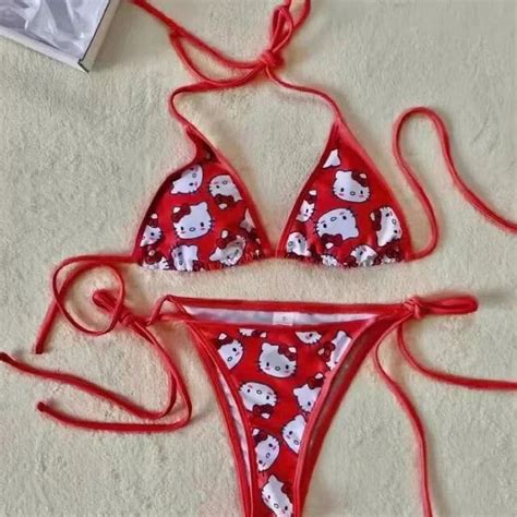 New Sanrio Hello Kitty Bikinis Bathing Suit Set Sexy Women Pink Halter Brazilian Bikini Set